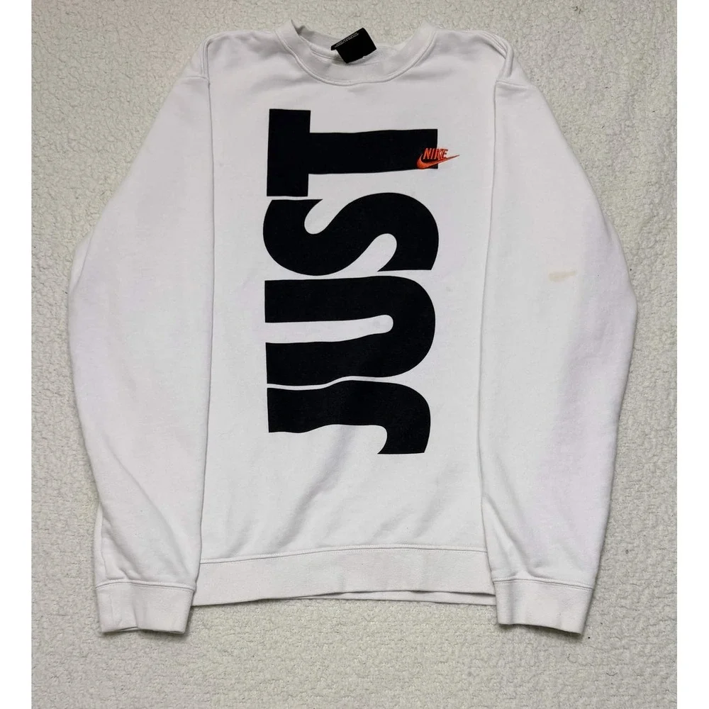 Nike Mens Just Do It Crewneck Sweatshirt White Graphic Fleece Pullover Size L